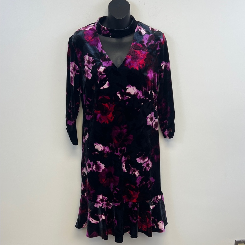 Roz & Ali Women’s Red Purple Pink Black Floral Choker Collar Velvet Dress Sz 6